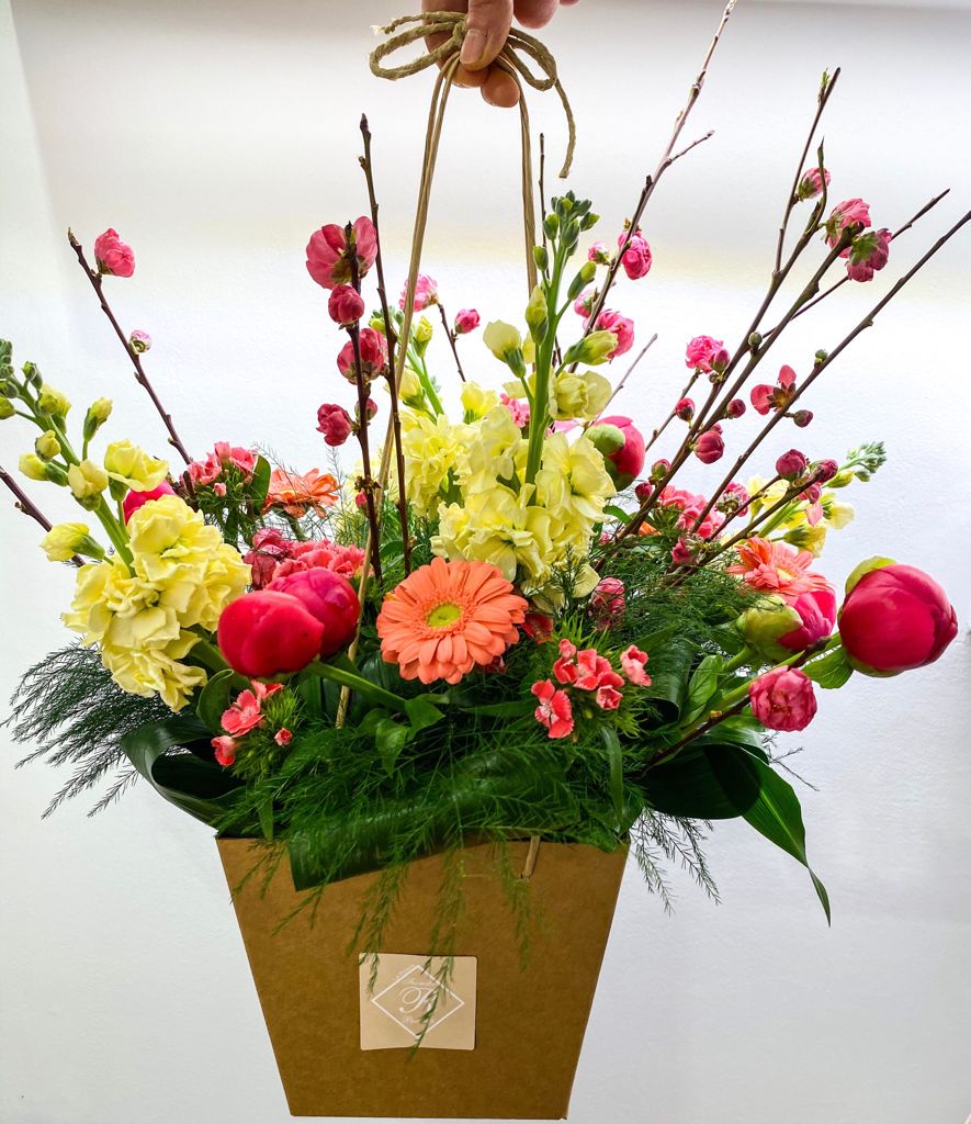 bouquet, box, peonie, viole